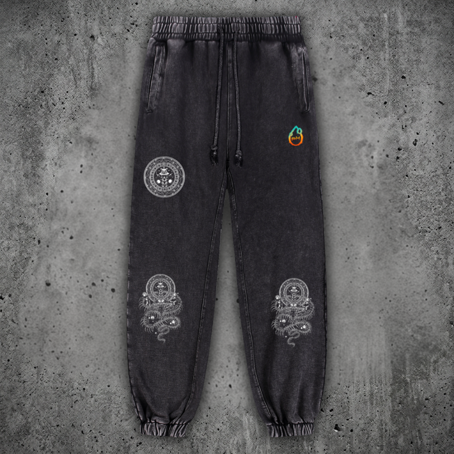DMT.exe snow wash heavyweight festival joggers with psychedelic snake artwork on 240 GSM cotton