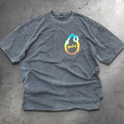 Gray t-shirt with a colorful logo on a white surface