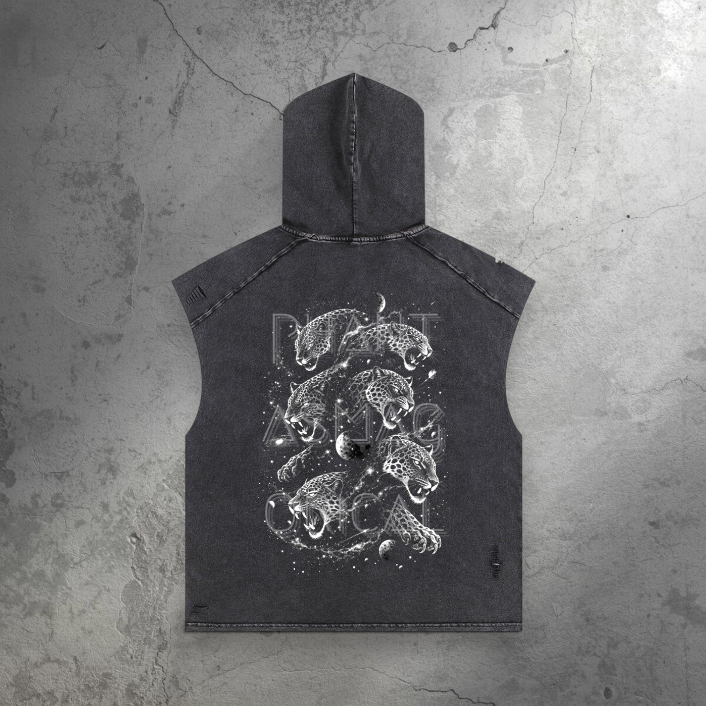Back view of charcoal Spirit Animal snow wash hooded tank with leopard and crescent moon art