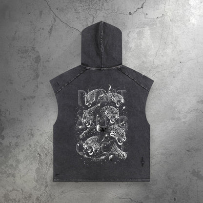 Back view of charcoal Spirit Animal snow wash hooded tank with leopard and crescent moon art