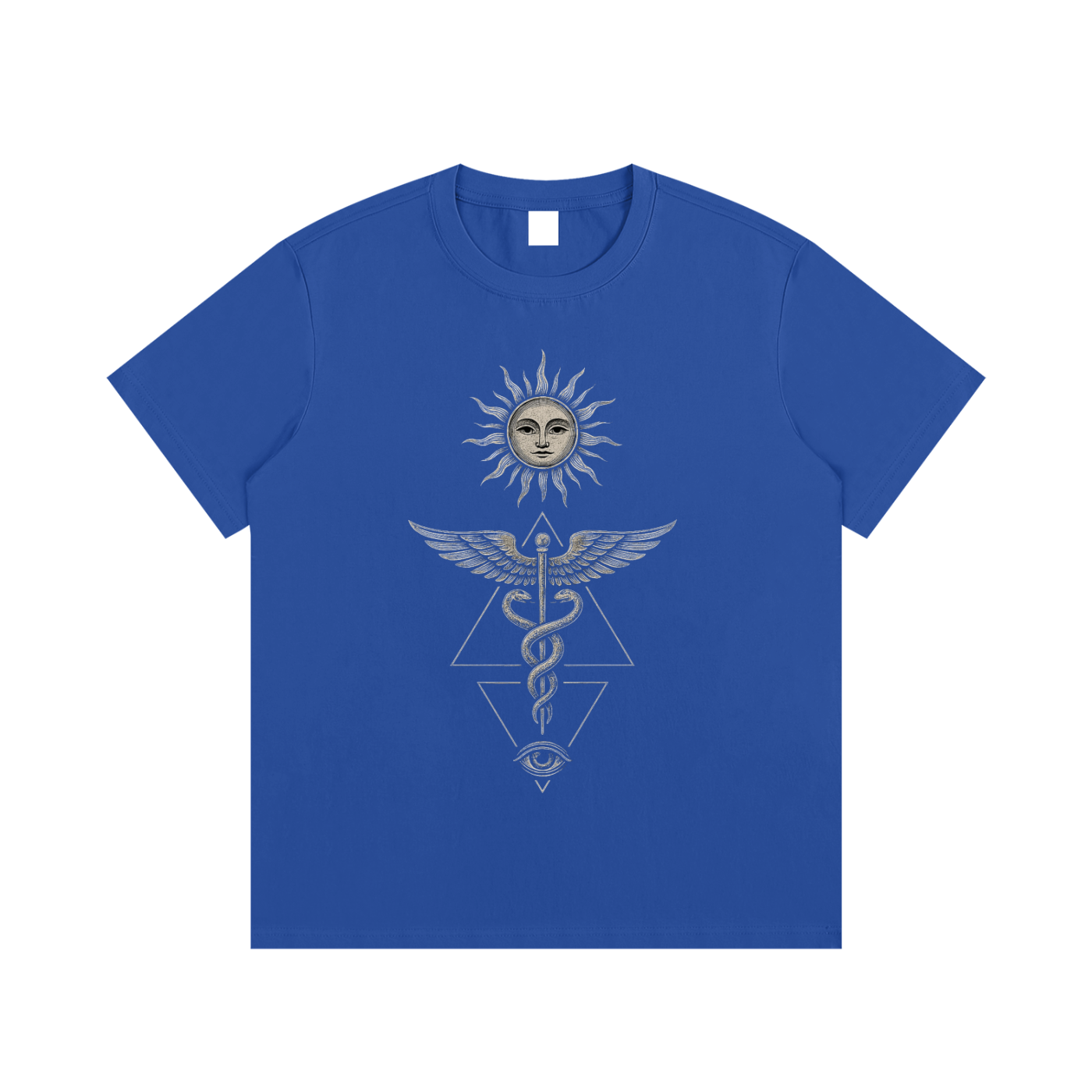 Royal blue Inner Alchemy cotton tee flat lay with sun face caduceus and all-seeing eye print