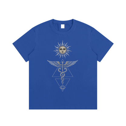 Royal blue Inner Alchemy cotton tee flat lay with sun face caduceus and all-seeing eye print