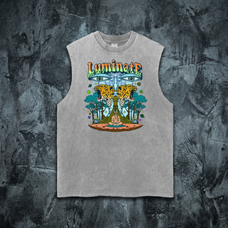 Gray snow wash Luminate frayed-hem tank top on dark concrete, printed with a colorful psychedelic design of mirrored leopards, eyes, a meditating figure and a forest.