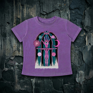 Purple Dissolution of Ego women's vintage wash slim fit cropped tee on dark stone, printed with a pink and teal surreal figure beneath an eye-in-hand, planets and moon.