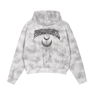 Large Phantasmagorical back graphic with crescent moons and stars on a grey washed fleece hoodie