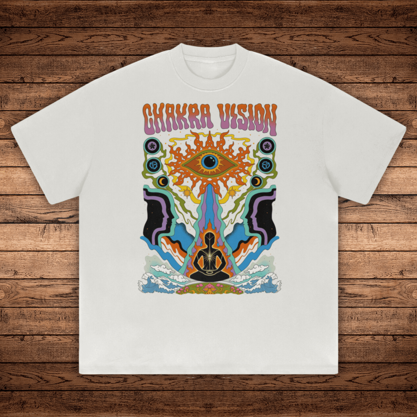 Oat gray Chakra Vision Absurdly Heavyweight tee with giant all-seeing eye two profiles meditating figure and waves