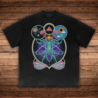 Black Connectedness Absurdly Heavyweight tee flat lay with colorful Vitruvian figure and sacred geometry