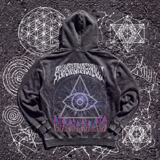 Back of the Cosmic Geometry snow washed heavyweight cotton hoodie in Dark Gray, styled on dark asphalt covered in white chalk sacred geometry, showing the wavy Phantasmagorical lettering, the all-seeing eye triangle over a starry cosmic circle and a row of pink, blue and purple mushrooms.