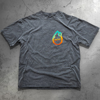 Front flat lay of Sacred Shroom Fluffy Vintage tee showing pH gradient flame chest logo