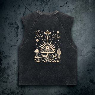 Charcoal snow wash Mystic Signal tank top on cracked concrete, printed in cream with a UFO beaming a figure, an all-seeing eye in a pyramid and a desert scene.
