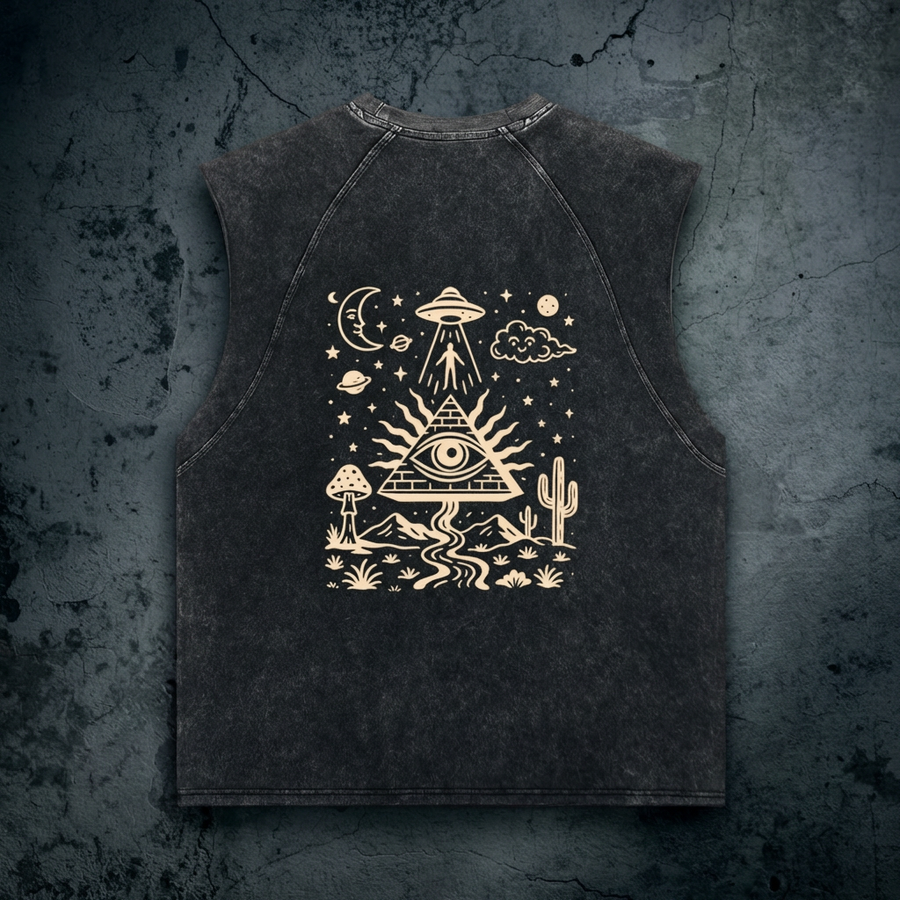 Mystic Signal snow washed heavyweight tank top with psychedelic desert artwork, festival ready