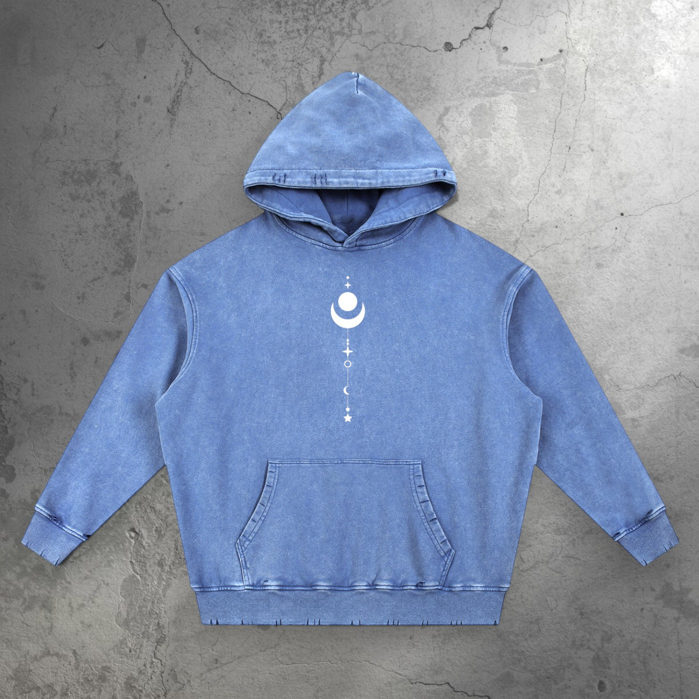 Blue Existential snow wash hand-frayed hoodie front view with celestial moon and stars graphic