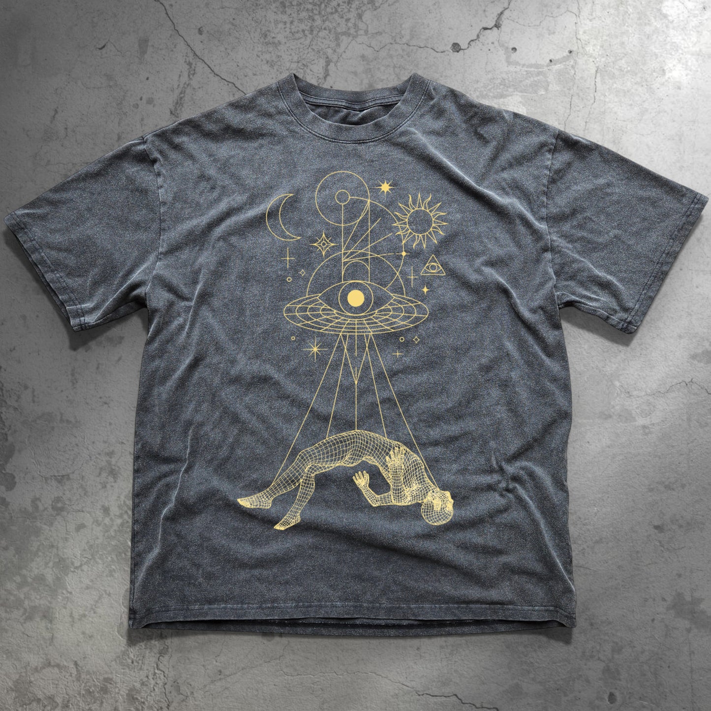 Charcoal Dimensional Drift Fluffy Vintage tee with gold wireframe figure cosmic all-seeing eye moon and sun