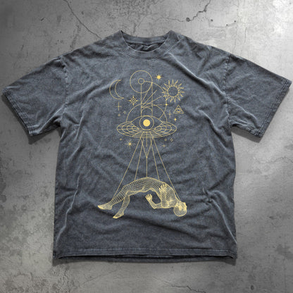 Charcoal Dimensional Drift Fluffy Vintage tee with gold wireframe figure cosmic all-seeing eye moon and sun