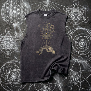 Dimensional Drift Snow Washed Frayed Hem Tank Top in Black, front view