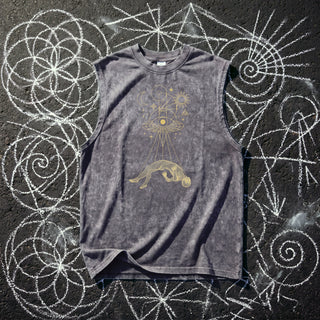 Dimensional Drift Snow Washed Frayed Hem Tank Top in Dark Gray, front view