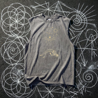 Dimensional Drift Snow Washed Frayed Hem Tank Top in Gray Green, front view