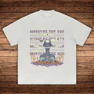 Oat gray Dissolve The Ego Absurdly Heavyweight tee flat lay with meditating figure and cacti