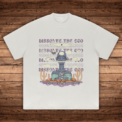 Oat gray Dissolve The Ego Absurdly Heavyweight tee flat lay with meditating figure and cacti