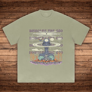Close-up of Dissolve The Ego oat gray 425 GSM tee with meditating figure spiral halos and desert scene
