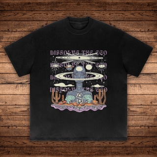 Black Dissolve The Ego 425 GSM tee with repeating text blue meditating alien with halos cacti and eyes