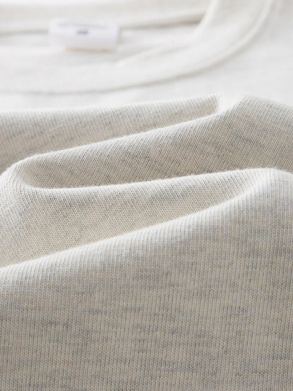 Dissolve The Ego oat gray 425 GSM tee soft fabric texture and neckline close-up