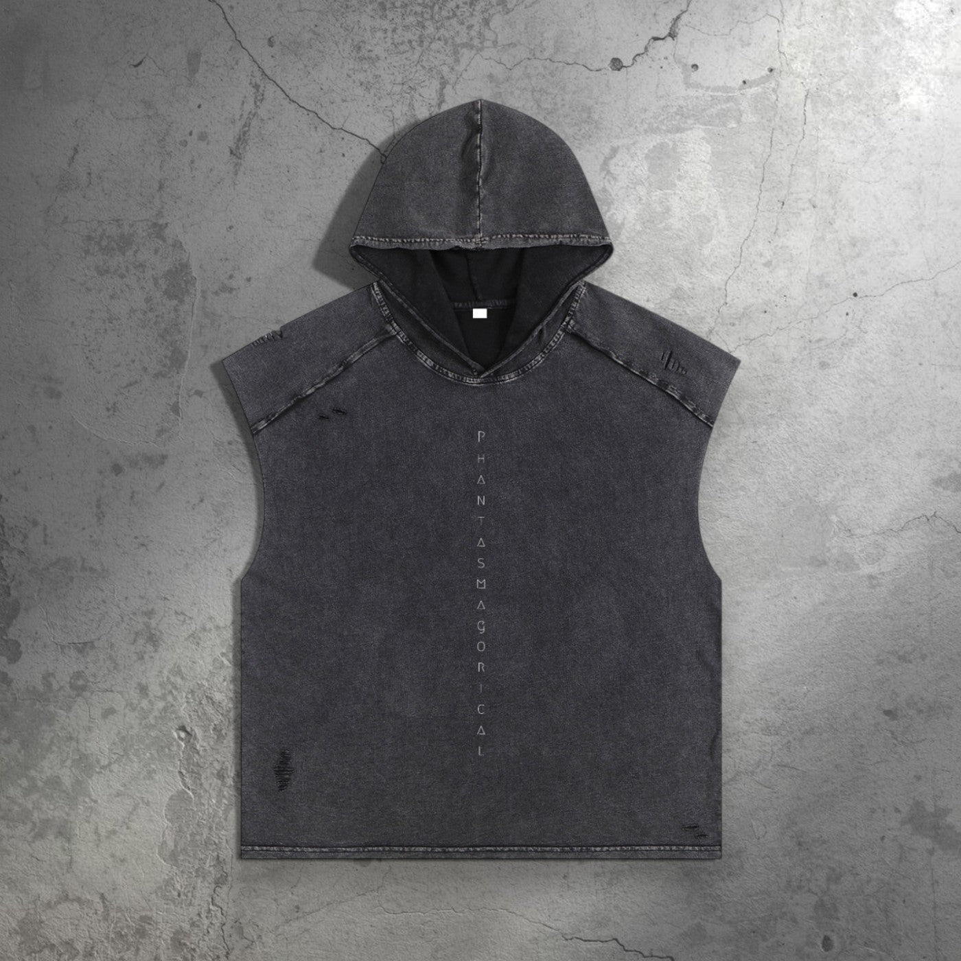 Front of charcoal Spirit Animal snow wash hooded tank with vertical Phantasmagorical text