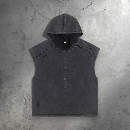 Front of charcoal Spirit Animal snow wash hooded tank with vertical Phantasmagorical text