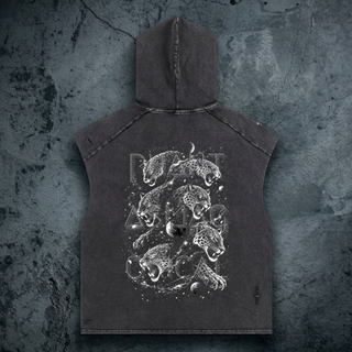 Charcoal snow wash Spirit Animal boxy hooded tank top, back view with hood up on concrete, printed in silver with stacked leopards, stars and planets.