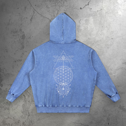 Blue Existential snow wash hand-frayed hoodie back view with dragonfly sacred geometry design