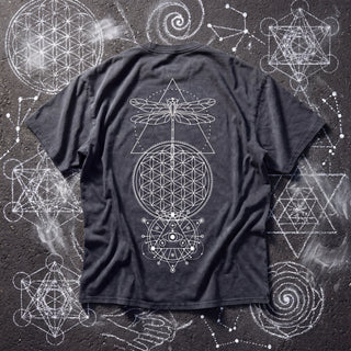 Back of the dark gray Existential fluffy vintage washed heavyweight tee on chalk sacred geometry, printed in cream with a dragonfly over a triangle, a Flower of Life mandala and an all-seeing-eye triangle.