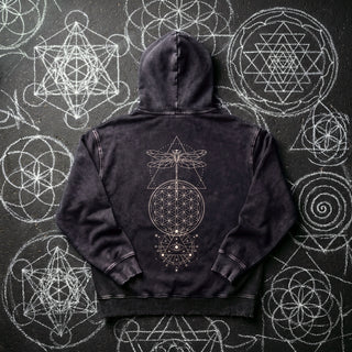 Existential Snow Wash Hand-Frayed Heavyweight Hoodie in Black, back view