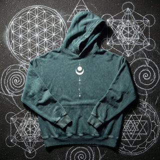 Existential Snow Wash Hand-Frayed Heavyweight Hoodie in Blackish Green, front view