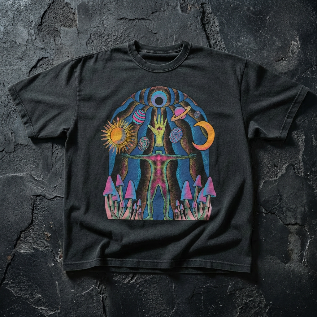Black Self Actualized fluffy vintage heavyweight tee on dark slate, printed with a Vitruvian figure, eye-in-hand, sun, crescent moon, planets and mushrooms in a cosmic arch.