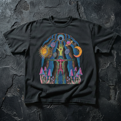 Black Self Actualized fluffy vintage heavyweight tee on dark slate, printed with a Vitruvian figure, eye-in-hand, sun, crescent moon, planets and mushrooms in a cosmic arch.