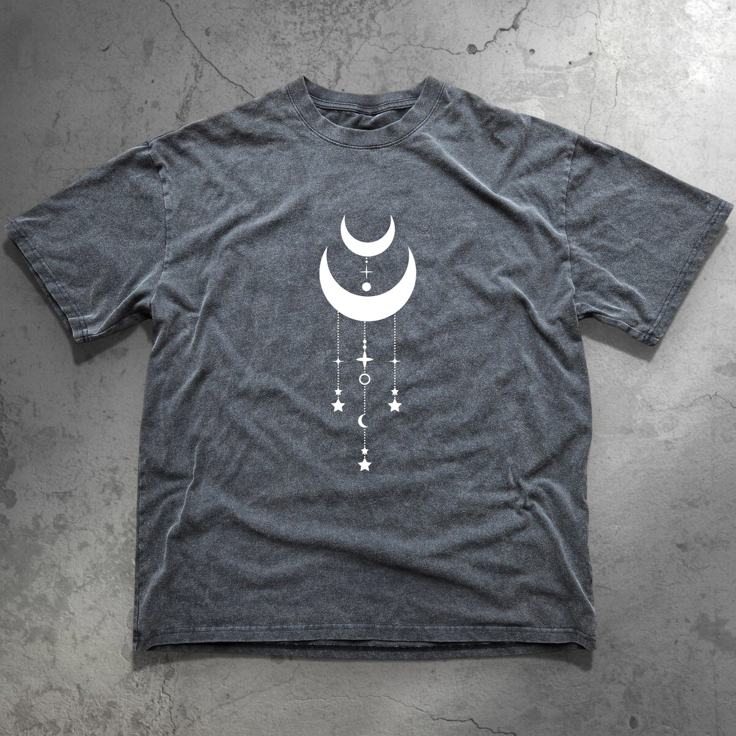 Washed gray Dreamstate Fluffy Vintage tee with white crescent moon and hanging stars graphic