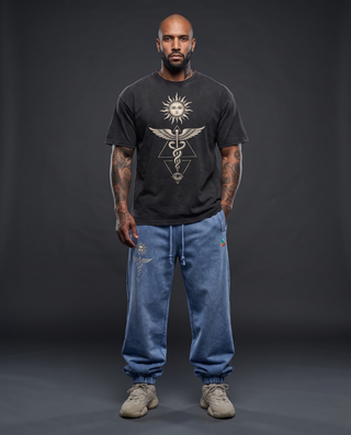 Model 5'9" and 185 lb wearing the charcoal Inner Alchemy snow wash oversized heavyweight tee in size XL with a cream sun face, winged caduceus and all-seeing eye chest print, styled with the faded blue 420 GSM Inner Alchemy snow wash joggers in size XL.
