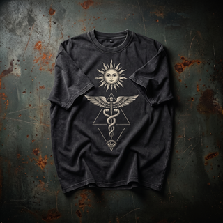 Inner Alchemy charcoal snow wash oversized heavyweight tee in a styled flat lay on dark weathered steel, showing the mottled mineral snow wash and the cream radiant sun face, winged caduceus and all-seeing eye print down the chest.