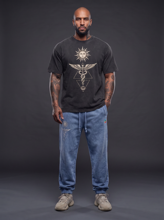 Model 5'9" and 185 lb wearing the faded blue Inner Alchemy 420 GSM snow wash heavyweight joggers in size XL, showing the relaxed straight leg breaking high at the ribbed ankle cuff, styled with the matching Inner Alchemy tee.