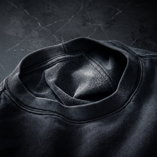 Inside neck of a Phantasmagorical fluffy vintage washed tee showing the clean interior construction and soft brushed fluffy inner face.