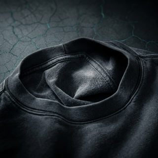 Inside neck of a Phantasmagorical fluffy vintage washed tee showing the clean interior construction and soft brushed fluffy inner face.