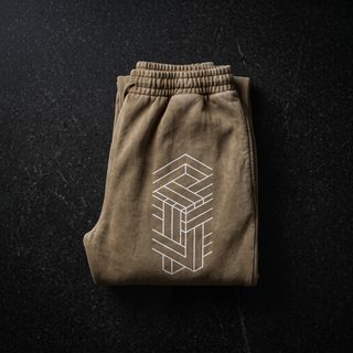Paradigm heavyweight joggers in warm khaki Brown folded for retail display on dark granite, showing the soft hand fold, the gathered drawstring waistband and the white impossible-geometry cube print.