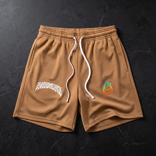 Brown camel Nomenclature mesh drawstring shorts laid flat on dark stone, white Phantasmagorical wordmark and pH flame logo
