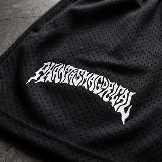Macro detail of the white Phantasmagorical gothic wordmark screen printed on black 145 GSM polyester mesh