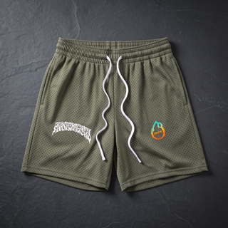 Army Green Nomenclature mesh drawstring shorts laid flat on dark slate, white Phantasmagorical wordmark and pH flame logo
