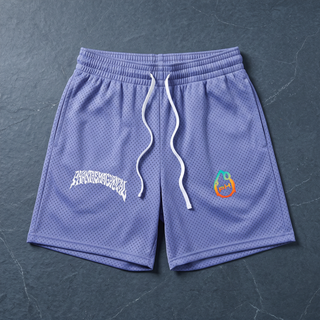 Purple periwinkle Nomenclature mesh drawstring shorts laid flat on dark slate, white Phantasmagorical wordmark and pH flame logo