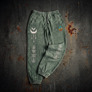 Blackish Green Existential snow wash joggers, laid out