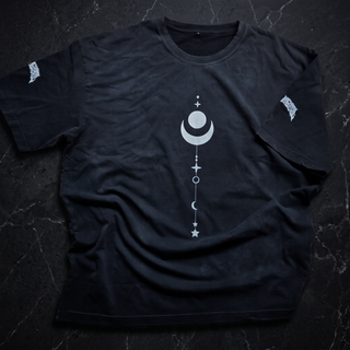 Front of the Existential hand-frayed vintage wash heavyweight tee in faded black on near-black marble, printed in white with a crescent moon cradling a circle above a dotted stack of stars, with embroidered Phantasmagorical wordmarks on both sleeves.