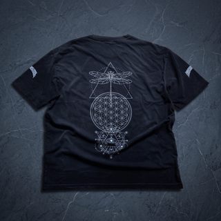 Back of the Existential hand-frayed vintage wash tee included in the set, printed in white with a dragonfly, Flower of Life mandala and all-seeing eye sacred geometry composition.