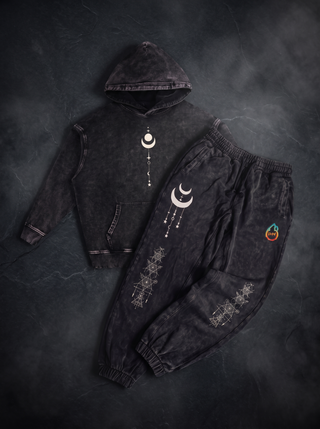 Existential Snow Wash Set, Black colorway, hoodie and joggers flat lay